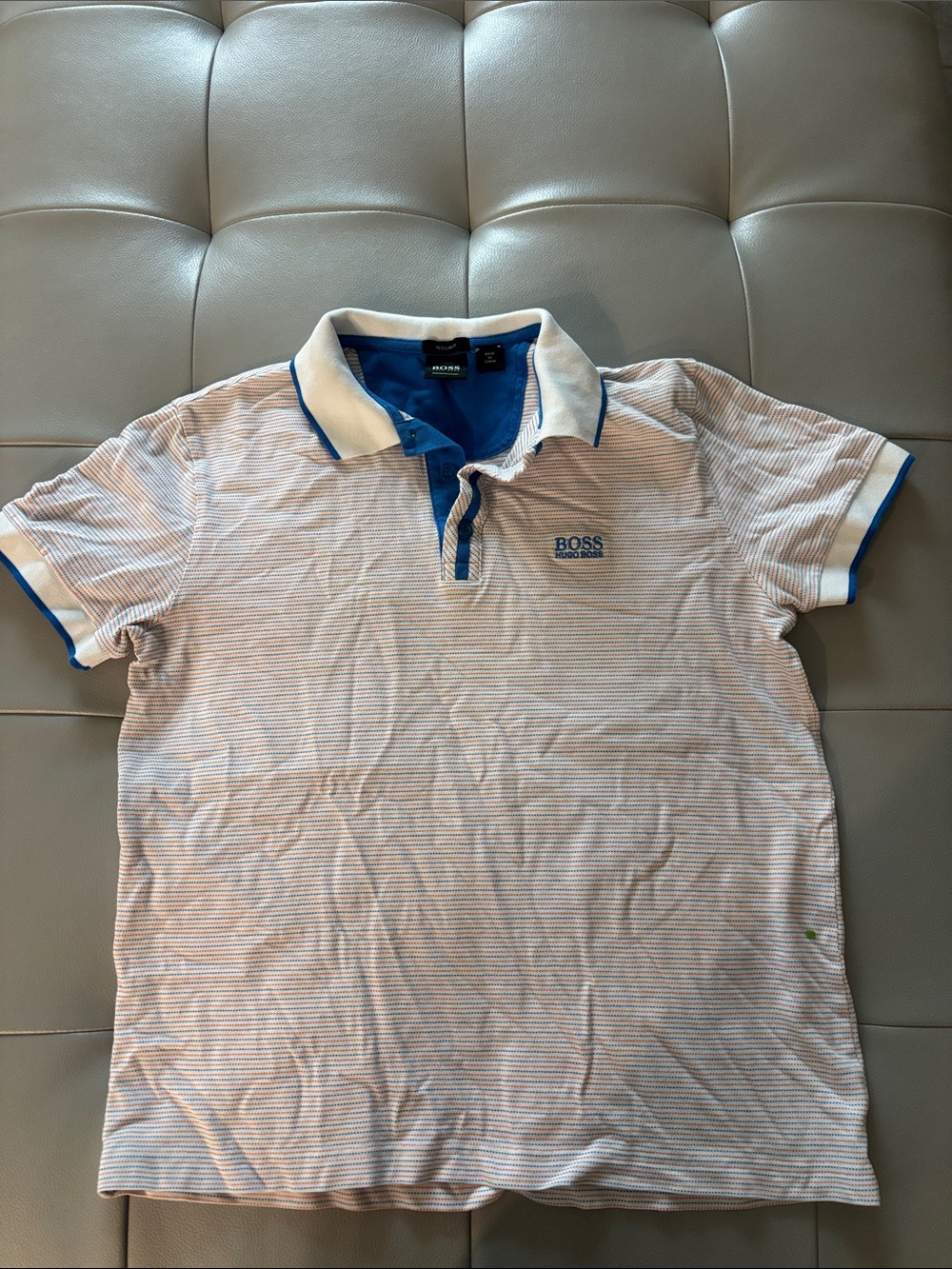 Boss Men’s White Polo with Blue Trim and Thin Blue Stripes